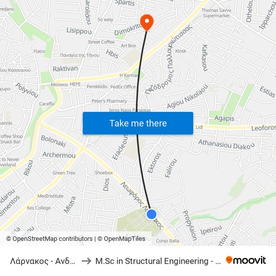 Λάρνακος - Ανδρεά Δημητρίου to M.Sc in Structural Engineering - Frederick University Cyprus map