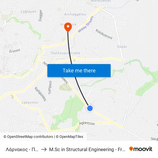 Λάρνακος - Παρθενώνος to M.Sc in Structural Engineering - Frederick University Cyprus map