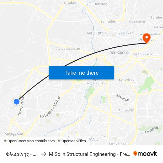 Φλωρίνης to M.Sc in Structural Engineering - Frederick University Cyprus map