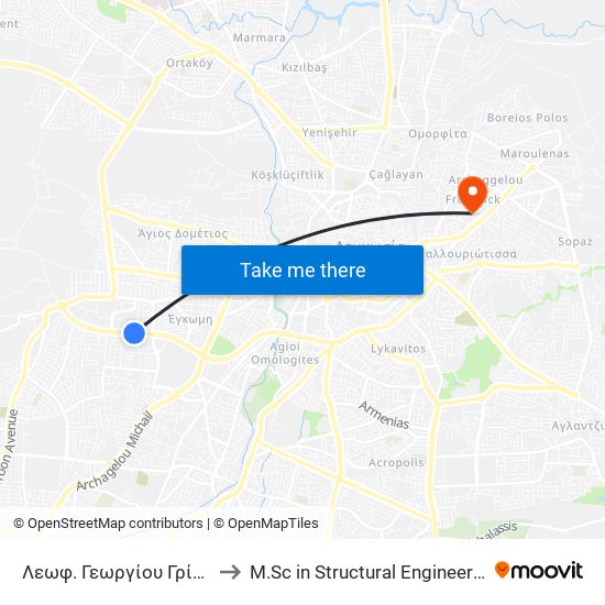 Λεωφ. Γεωργίου Γρίβα Διγενή - Χίλτον Παρκ 2 to M.Sc in Structural Engineering - Frederick University Cyprus map