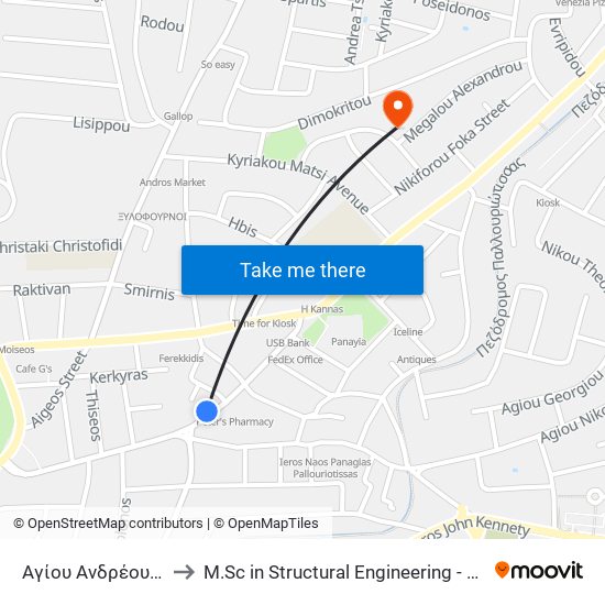 Αγίου Ανδρέου - Πραξάνδρου to M.Sc in Structural Engineering - Frederick University Cyprus map