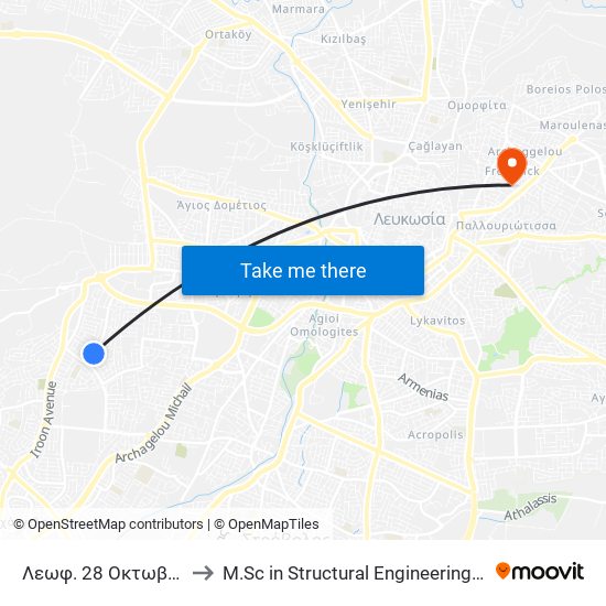 Λεωφ. 28 Οκτωβρίου - Παπαφλέσα to M.Sc in Structural Engineering - Frederick University Cyprus map