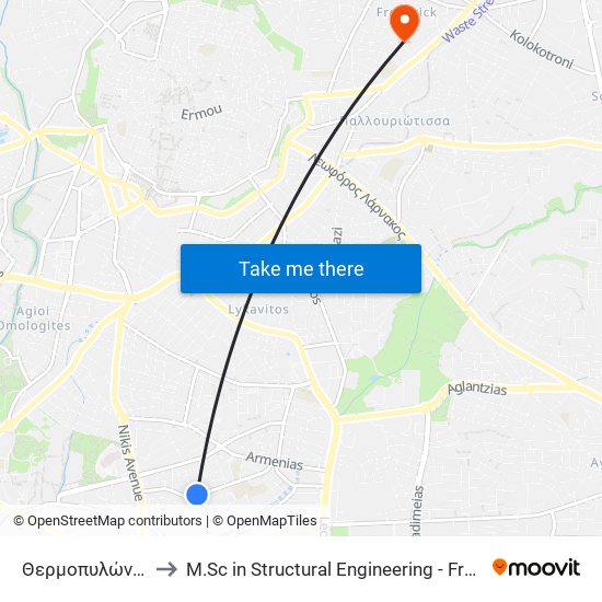 Θερμοπυλών to M.Sc in Structural Engineering - Frederick University Cyprus map