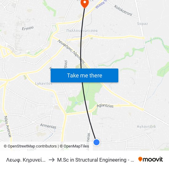 Λεωφ. Κηρυνείας to M.Sc in Structural Engineering - Frederick University Cyprus map