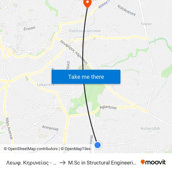 Λεωφ. Κηρυνείας to M.Sc in Structural Engineering - Frederick University Cyprus map
