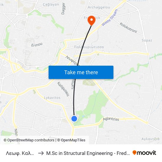 Λεωφ. Καλλιπόλεως to M.Sc in Structural Engineering - Frederick University Cyprus map