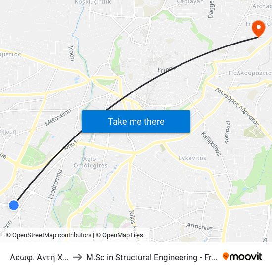 Λεωφ. Άντη Χατζηκωστή to M.Sc in Structural Engineering - Frederick University Cyprus map