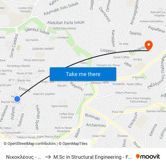 Νικοκλέους - Φανερωμένη to M.Sc in Structural Engineering - Frederick University Cyprus map