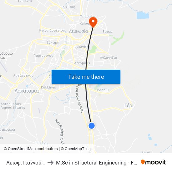 Λεωφ. Γιάννου Κρανιδιώτη to M.Sc in Structural Engineering - Frederick University Cyprus map