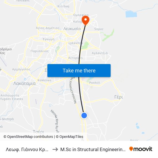 Λεωφ. Γιάννου Κρανιδιώτη - Ολυμπίας to M.Sc in Structural Engineering - Frederick University Cyprus map