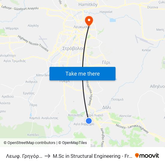 Λεωφ. Γρηγόρη Αυξεντίου to M.Sc in Structural Engineering - Frederick University Cyprus map