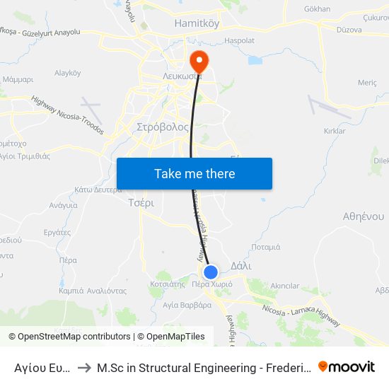 Αγίου Ευτυχίου to M.Sc in Structural Engineering - Frederick University Cyprus map