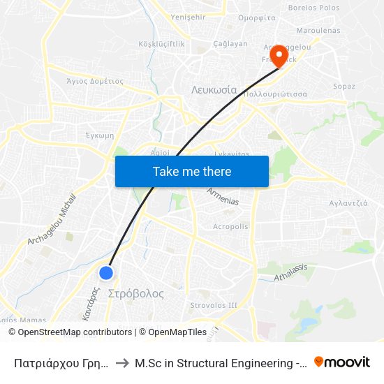 Πατριάρχου Γρηγορίου - Άργους to M.Sc in Structural Engineering - Frederick University Cyprus map