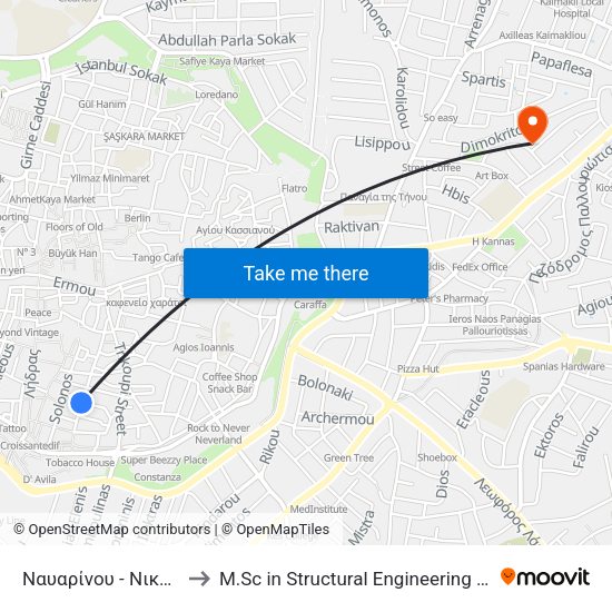 Ναυαρίνου - Νικολάου Σαριπόλου to M.Sc in Structural Engineering - Frederick University Cyprus map