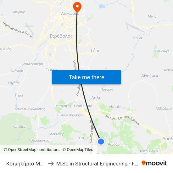 Κοιμητήριο Μοσφιλωτής 1 to M.Sc in Structural Engineering - Frederick University Cyprus map