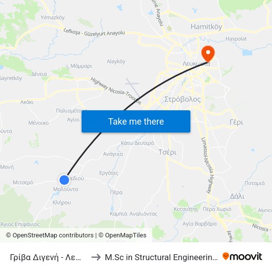 Γρίβα Διγενή - Λεωφόρος Δημοκρατίας to M.Sc in Structural Engineering - Frederick University Cyprus map