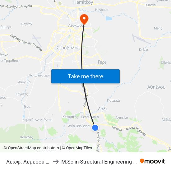 Λεωφ. Λεμεσού - Λεωφ. Λυμπίων to M.Sc in Structural Engineering - Frederick University Cyprus map