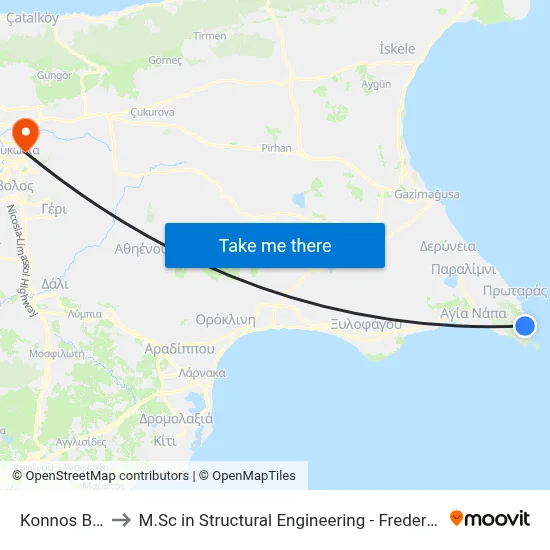 Konnos Beach to M.Sc in Structural Engineering - Frederick University Cyprus map