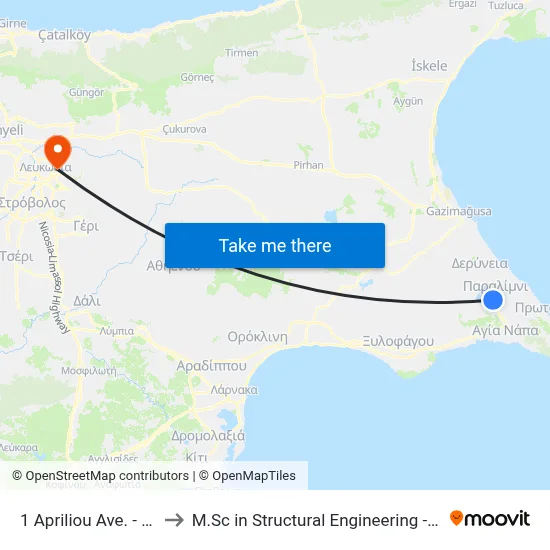 1 Apriliou Ave. - Ag. Nektariou to M.Sc in Structural Engineering - Frederick University Cyprus map