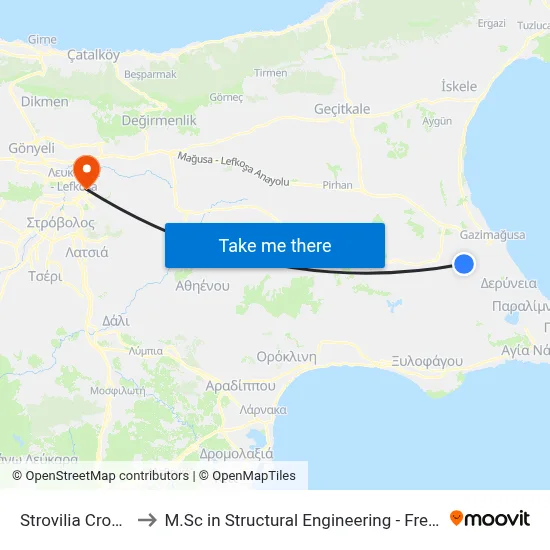 Strovilia Crossing Point to M.Sc in Structural Engineering - Frederick University Cyprus map