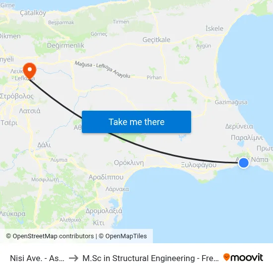 Nisi Avenue - Asprovounou to M.Sc in Structural Engineering - Frederick University Cyprus map