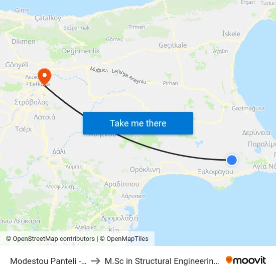 Modestou Panteli - Dionysiou Solomou to M.Sc in Structural Engineering - Frederick University Cyprus map
