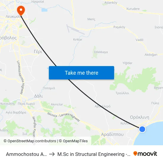 Ammochostou Ave. - Kalliskala to M.Sc in Structural Engineering - Frederick University Cyprus map