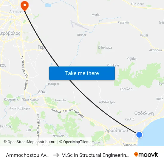 Ammochostou Avenue - Katinas Paxinou to M.Sc in Structural Engineering - Frederick University Cyprus map