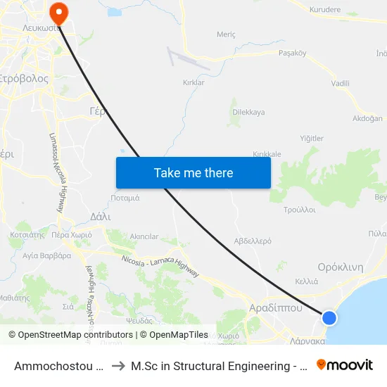 Ammochostos Ave. - Thetidos to M.Sc in Structural Engineering - Frederick University Cyprus map
