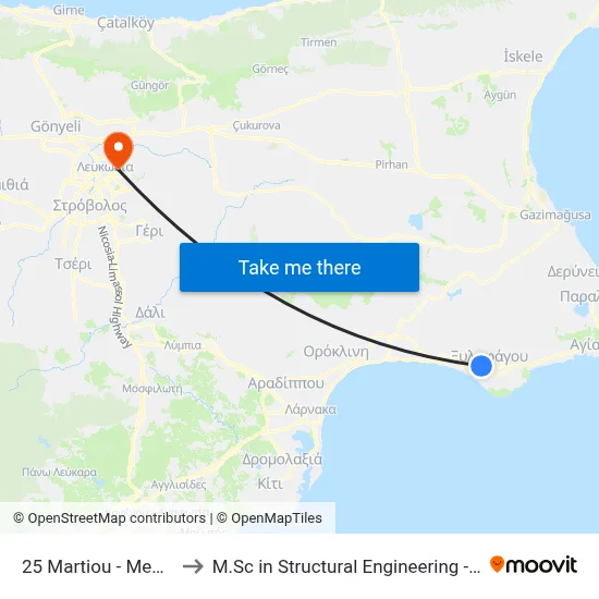 25 Martiou - Megalou Alexandrou to M.Sc in Structural Engineering - Frederick University Cyprus map