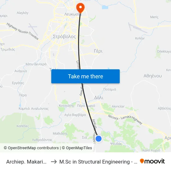 Archiep. Makariou C´ - Omirou to M.Sc in Structural Engineering - Frederick University Cyprus map