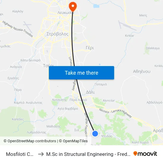 Mosfiloti Cemetery to M.Sc in Structural Engineering - Frederick University Cyprus map