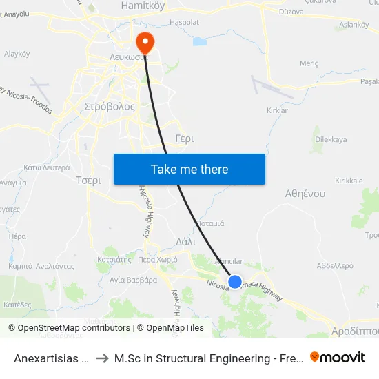 Anexartisias - Stadiou to M.Sc in Structural Engineering - Frederick University Cyprus map