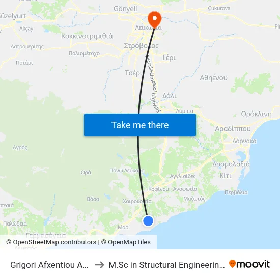 Grigori Afxentiou Ave. - Apost. Andreou to M.Sc in Structural Engineering - Frederick University Cyprus map