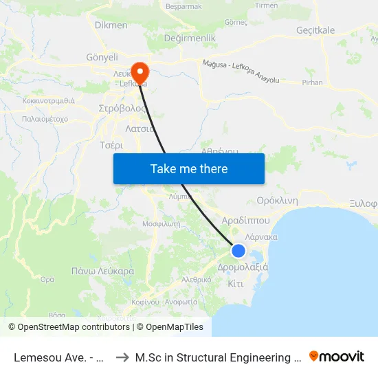 Lemesou Ave. - Charilaou Trikoupi to M.Sc in Structural Engineering - Frederick University Cyprus map