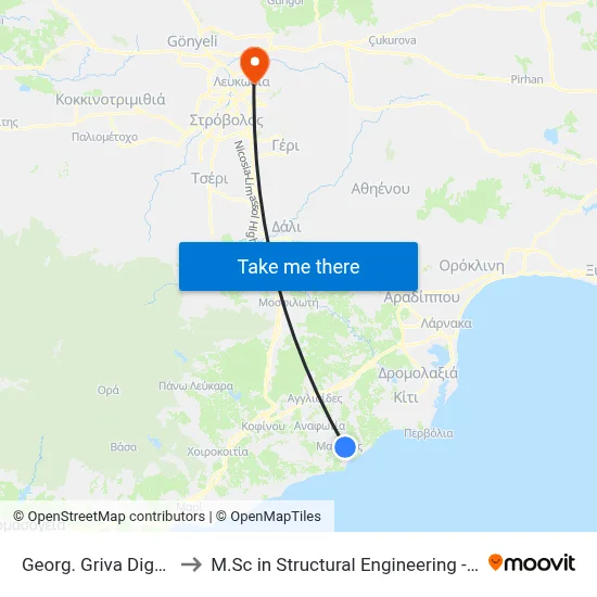 George Griva Digeni Ave. - Evropis to M.Sc in Structural Engineering - Frederick University Cyprus map