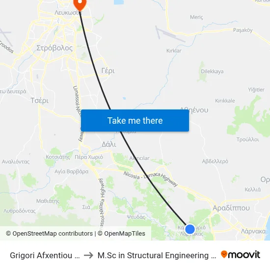 Grigoris Afxentiou Avenue - Angastinas to M.Sc in Structural Engineering - Frederick University Cyprus map
