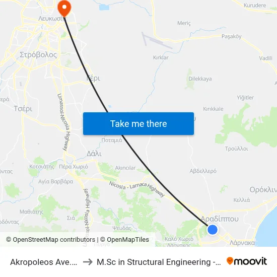 Akropoleos Ave. - Stadiou Ave. to M.Sc in Structural Engineering - Frederick University Cyprus map