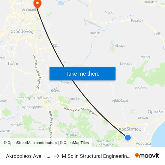 Akropoleos Avenue - Aradippou Industrial Area to M.Sc in Structural Engineering - Frederick University Cyprus map
