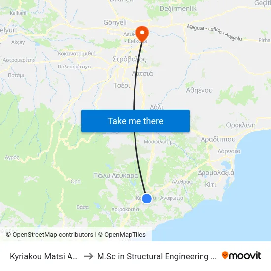 Kyriakou Matsi Ave. - Ag. Epiktitou to M.Sc in Structural Engineering - Frederick University Cyprus map