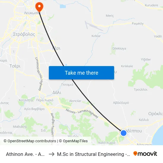 Athinon Ave. - Akropoleos Ave. to M.Sc in Structural Engineering - Frederick University Cyprus map