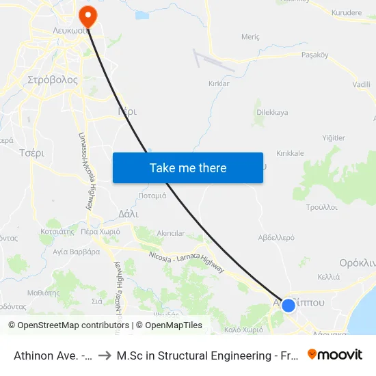 Athinon Ave. - Olympou to M.Sc in Structural Engineering - Frederick University Cyprus map
