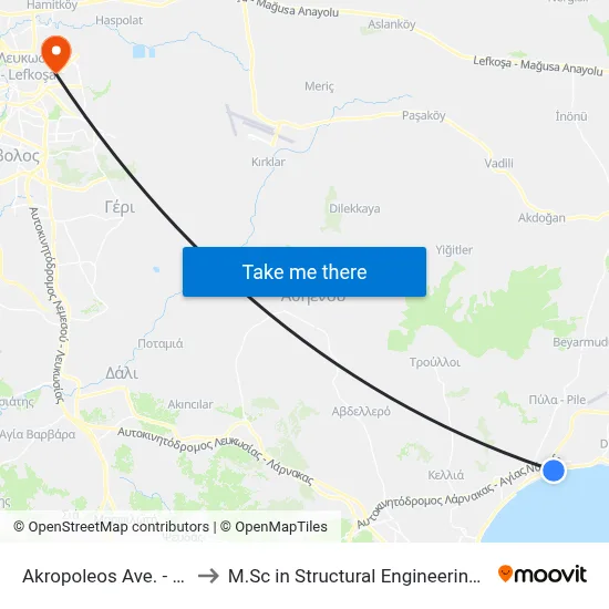 Acropolis Avenue - Lordos Beach Hotel to M.Sc in Structural Engineering - Frederick University Cyprus map