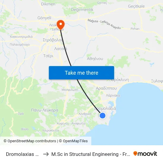 Dromolaxia Avenue - Falirou to M.Sc in Structural Engineering - Frederick University Cyprus map