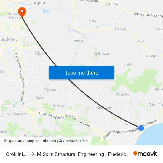 Oroklini Lake to M.Sc in Structural Engineering - Frederick University Cyprus map