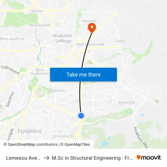 Lemesou Avenue - Kalispera to M.Sc in Structural Engineering - Frederick University Cyprus map
