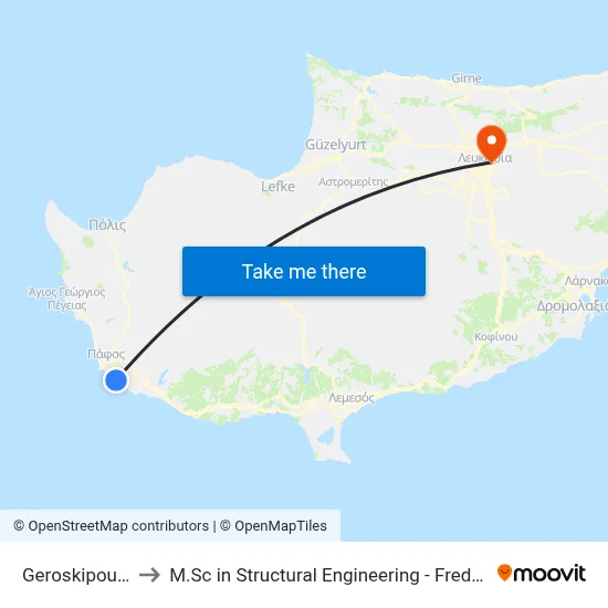 Geroskipou Beach to M.Sc in Structural Engineering - Frederick University Cyprus map