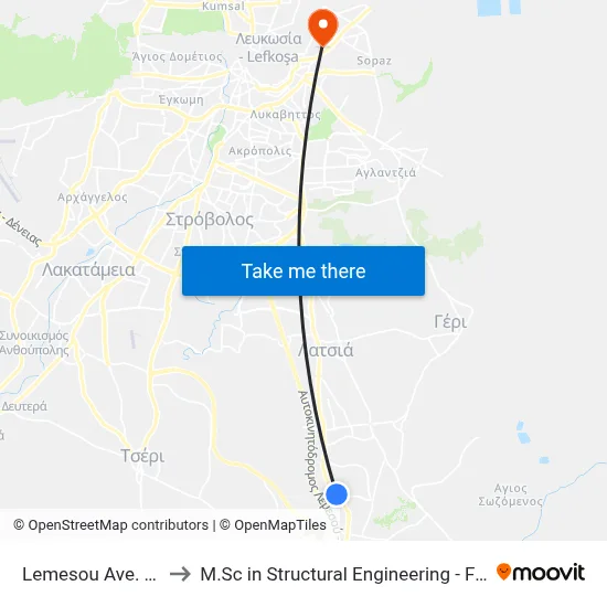 Lemesos Ave. - Evangelistria to M.Sc in Structural Engineering - Frederick University Cyprus map