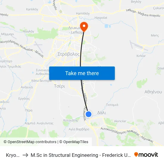 Kryoneri to M.Sc in Structural Engineering - Frederick University Cyprus map