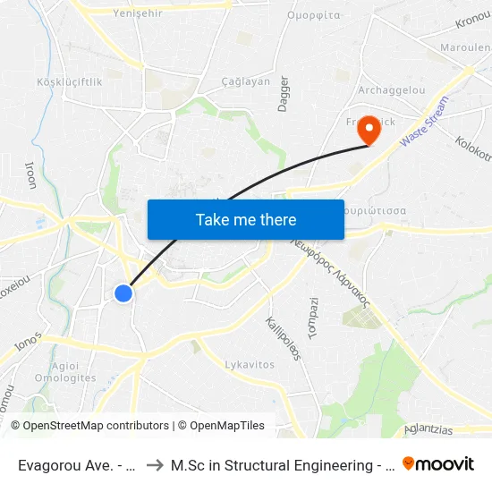 Evagorou Ave. - Vasileos Pavlou to M.Sc in Structural Engineering - Frederick University Cyprus map